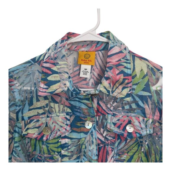 Ruby Rd. Petite 10P Tropical Leaf Print Button-Up Sheer Lightweight Jacket - Picture 11 of 12